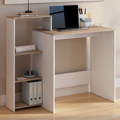 Bureau Avec Étagères Modulables Latérales Lilian Bois Façon Hêtre Et Blanc