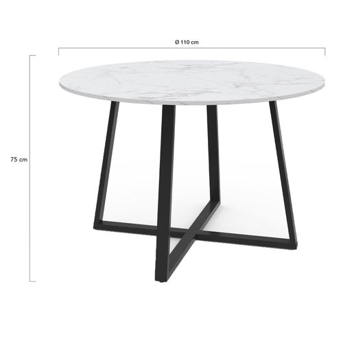 Table à Manger Fixe Ronde Selma 4-6 Personnes Plateau Effet Marbre Blanc Alaska Et Noir 110 Cm