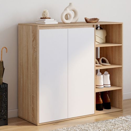 Armoire à Chaussures 12 Paires Tomi 2 Portes Avec 4 étagères Façon Hêtre Et Blanc