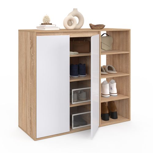 Armoire à Chaussures 12 Paires Tomi 2 Portes Avec 4 étagères Façon Hêtre Et Blanc