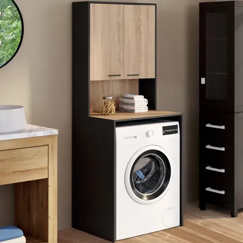 Meuble Dessus De Machine à Laver Wallis Avec Placard Noir Et Bois Façon Hêtre