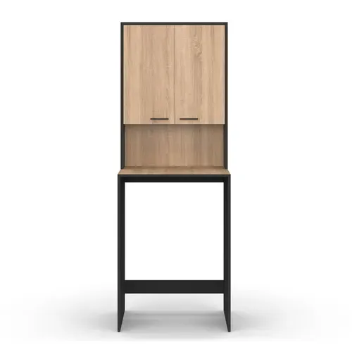 Meuble Dessus De Machine à Laver Wallis Avec Placard Noir Et Bois Façon Hêtre