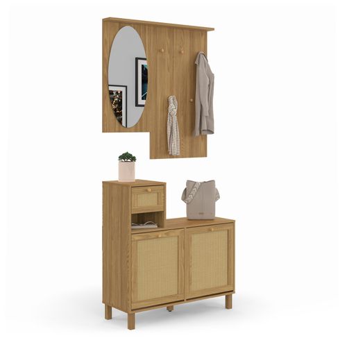 Vestiaire D'entrée Avec Miroir Hanae Effet Naturel Cannage