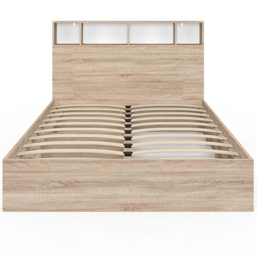 Lit Double Clem Avec Rangements + Tête De Lit Et Sommier 140 X 190 Cm Hêtre Et Blanc