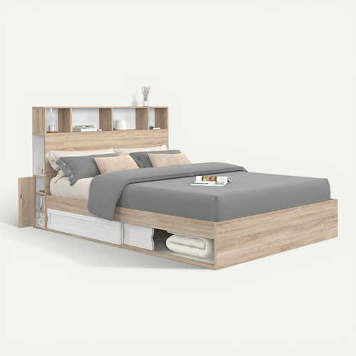Lit Double Clem Avec Rangements + Tête De Lit Et Sommier 140 X 190 Cm Hêtre Et Blanc