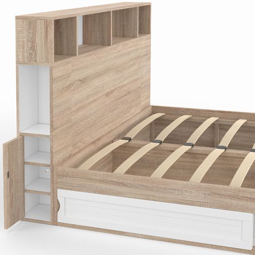 Lit Double Clem Avec Rangements + Tête De Lit Et Sommier 140 X 190 Cm Hêtre Et Blanc
