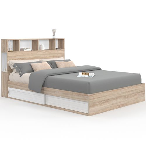 Lit Double Clem Avec Rangements + Tête De Lit Et Sommier 140 X 190 Cm Hêtre Et Blanc