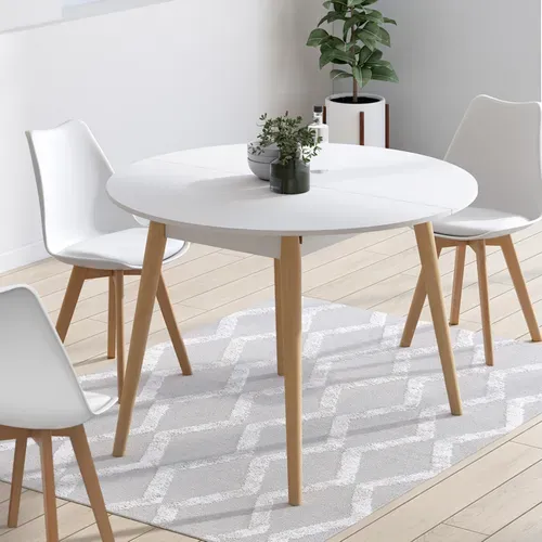 Table à Manger Extensible Ronde Angela 4-8 Personnes Blanc Pied Bois 110 - 150 Cm