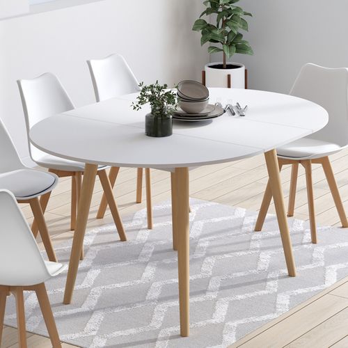 Table à Manger Extensible Ronde Angela 4-8 Personnes Blanc Pied Bois 110 - 150 Cm