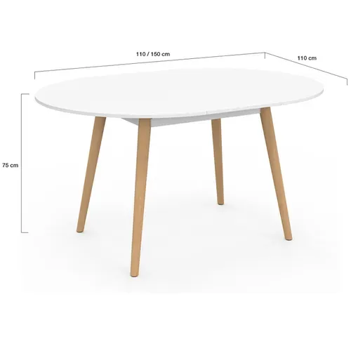 Table à Manger Extensible Ronde Angela 4-8 Personnes Blanc Pied Bois 110 - 150 Cm