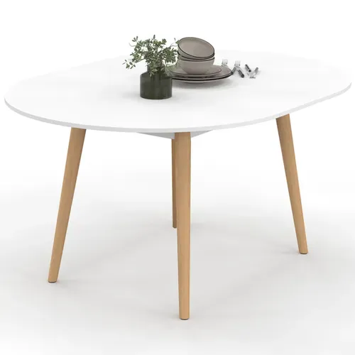 Table à Manger Extensible Ronde Angela 4-8 Personnes Blanc Pied Bois 110 - 150 Cm