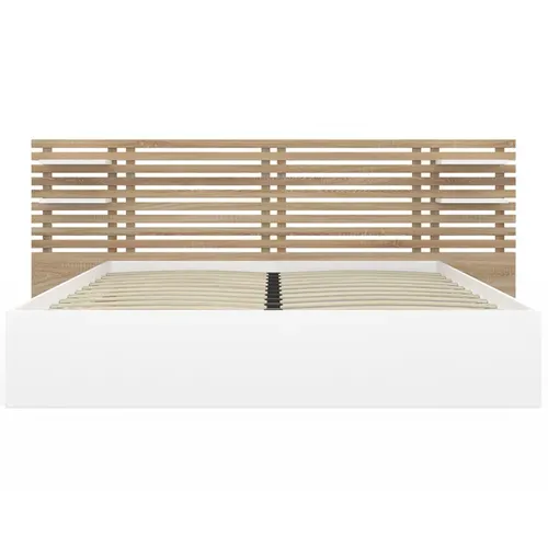 Lit Double Savana Avec Tête De Lit, Chevets, Rangements Et Sommier 160 X 200 Cm Façon Hêtre Et Blanc