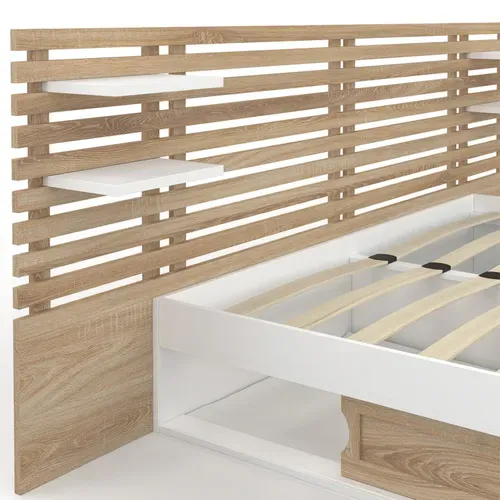 Lit Double Savana Avec Tête De Lit, Chevets, Rangements Et Sommier 160 X 200 Cm Façon Hêtre Et Blanc