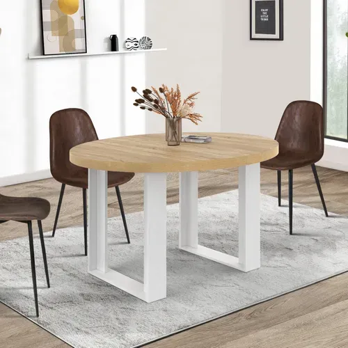 Table à Manger Extensible Ronde Phoenix 4-6 Personnes Bois Et Blanc 110-150 Cm