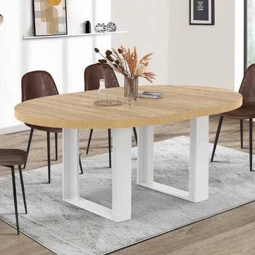 Table à Manger Extensible Ronde Phoenix 4-6 Personnes Bois Et Blanc 110-150 Cm