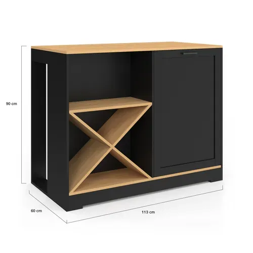 Table De Bar Îlot Vito 113 Cm Avec Range Bouteilles Bois Noir Et Plateau Façon Hêtre