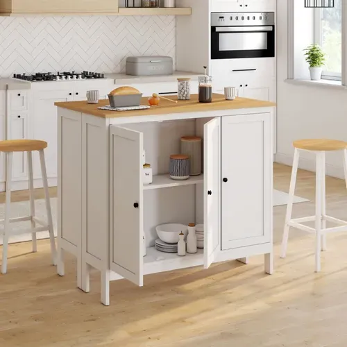 Ensemble Table De Bar Îlot Achille Et 2 Tabourets Bois Blanc Plateau Façon Hêtre
