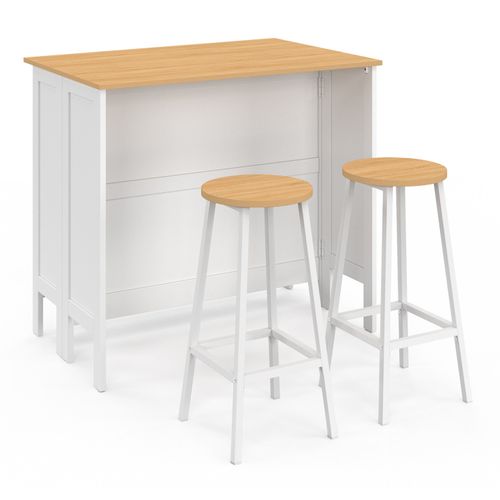 Ensemble Table De Bar Îlot Achille Et 2 Tabourets Bois Blanc Plateau Façon Hêtre