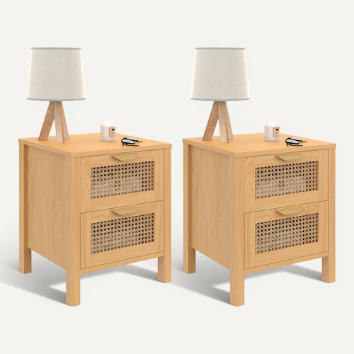 Lot De 2 Tables De Chevet Edhen 2 Tiroirs Cannage Et Bois
