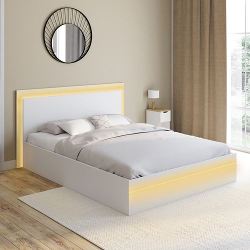 Lit Double Charlie 140 X 190 Cm Avec Sommier Et LED Intégrées Blanc