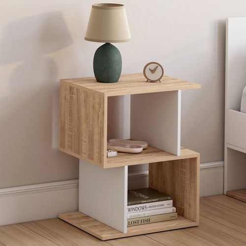 Lot De 2 Tables De Chevet Sofia Forme S Avec Rangements Ouverts Effet Hêtre Et Blanc