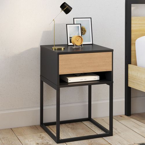 Lot De 2 Tables De Chevet Ernest 1 Tiroir Et 1 Niche Noir Et Façon Hêtre