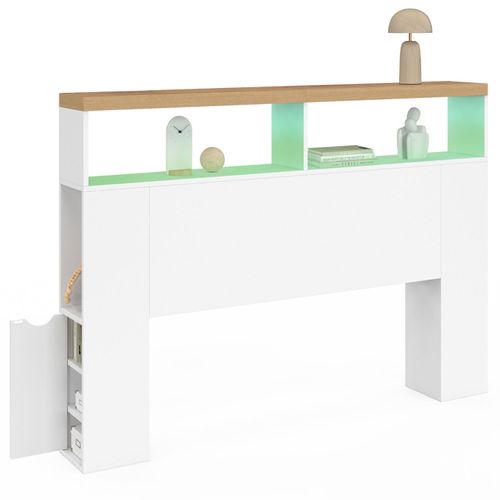 Tête De Lit Sur Pied Luna à LEDs 145 Cm Avec Rangements Fermés Et Niches Blanc Et Plateau Effet Bois