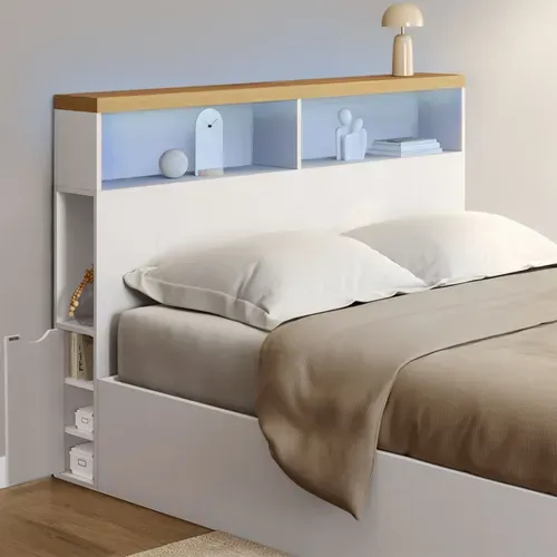 Tête De Lit Sur Pied Luna à LEDs 145 Cm Avec Rangements Fermés Et Niches Blanc Et Plateau Effet Bois