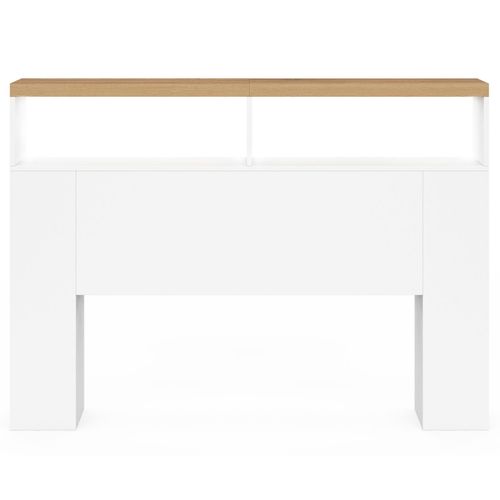 Tête De Lit Sur Pied Luna à LEDs 145 Cm Avec Rangements Fermés Et Niches Blanc Et Plateau Effet Bois