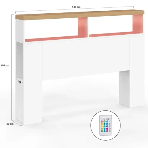 Tête De Lit Sur Pied Luna à LEDs 145 Cm Avec Rangements Fermés Et Niches Blanc Et Plateau Effet Bois
