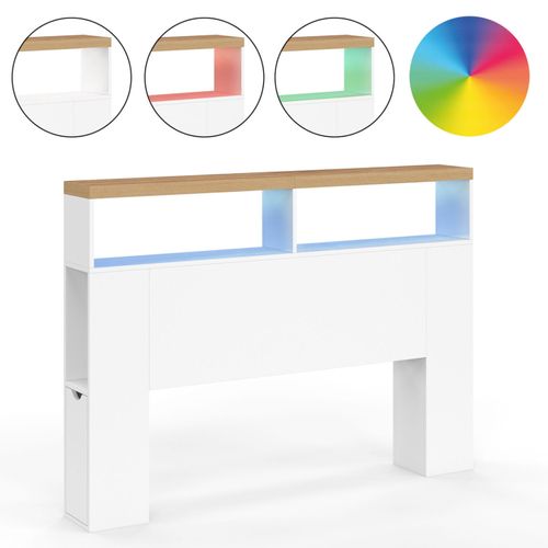 Tête De Lit Sur Pied Luna à LEDs 145 Cm Avec Rangements Fermés Et Niches Blanc Et Plateau Effet Bois