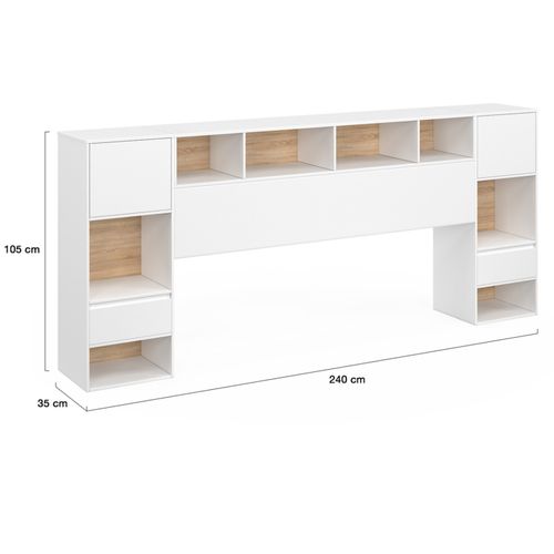 Tête De Lit Sur Pied Campha 240 Cm Avec Chevets Tiroir + Placards + Niches Bois Et Blanc