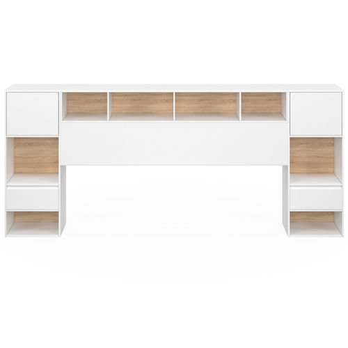 Tête De Lit Sur Pied Campha 240 Cm Avec Chevets Tiroir + Placards + Niches Bois Et Blanc