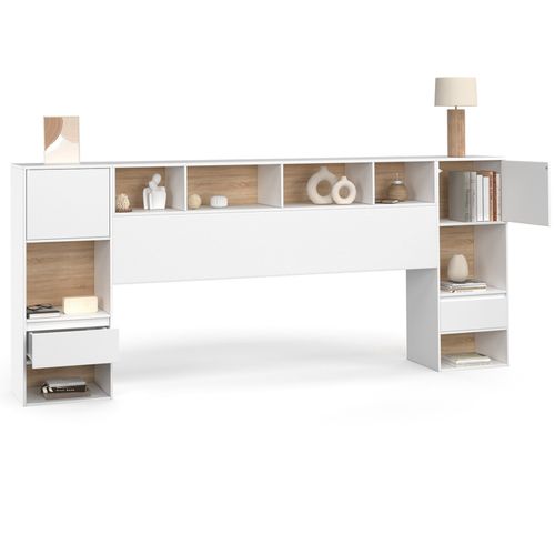 Tête De Lit Sur Pied Campha 240 Cm Avec Chevets Tiroir + Placards + Niches Bois Et Blanc