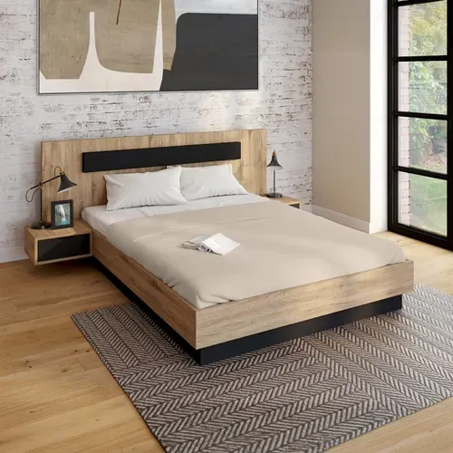 Lit Coffre Double Santa Avec Tête De Lit + Tables De Chevets Intégrées Et Sommier 140 X 190 Cm Bois