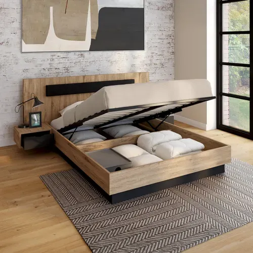 Lit Coffre Double Santa Avec Tête De Lit + Tables De Chevets Intégrées Et Sommier 140 X 190 Cm Bois