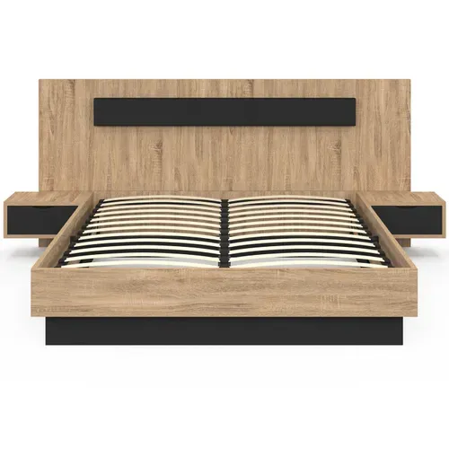 Lit Coffre Double Santa Avec Tête De Lit + Tables De Chevets Intégrées Et Sommier 140 X 190 Cm Bois