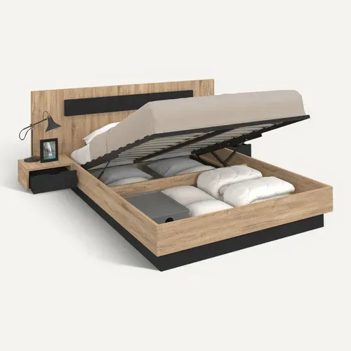 Lit Coffre Double Santa Avec Tête De Lit + Tables De Chevets Intégrées Et Sommier 140 X 190 Cm Bois
