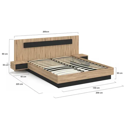 Lit Coffre Double Santa Avec Tête De Lit + Tables De Chevets Intégrées Et Sommier 140 X 190 Cm Bois