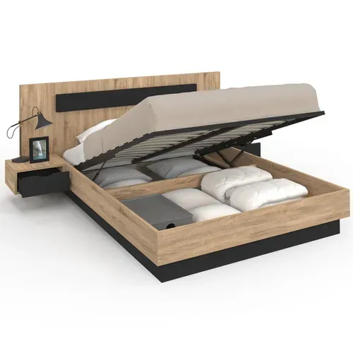 Lit Coffre Double Santa Avec Tête De Lit + Tables De Chevets Intégrées Et Sommier 140 X 190 Cm Bois