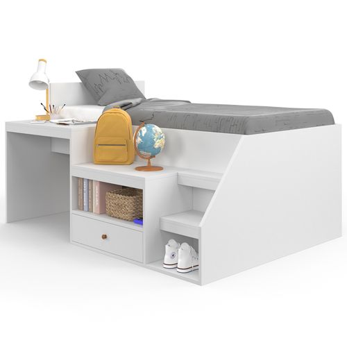 Lit Combiné Avec Sommier, Bureau Et Rangement Leopold 90 X 190 Cm Blanc