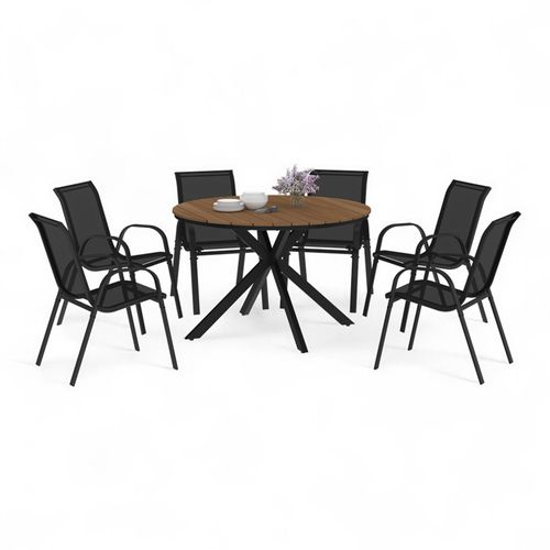 Salon De Jardin Messina Table Ronde 120 Cm Pied Araignée Plateau Métal Effet Bois Et 6 Chaises Empil