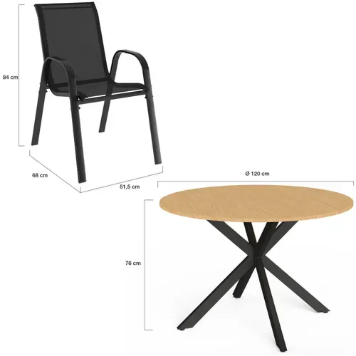 Salon De Jardin Messina Table Ronde 120 Cm Pied Araignée Plateau Métal Effet Bois Et 6 Chaises Empil