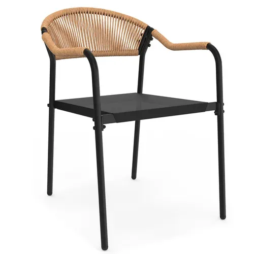 Salon De Jardin Madeira Table 150 Cm Et 6 Chaises Cordage Et Textilène Noir Et Rotin Clair