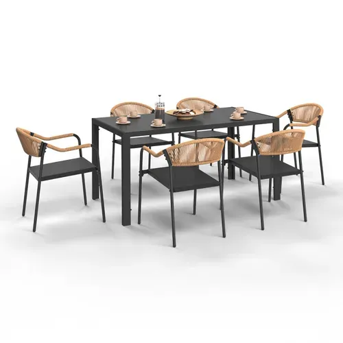 Salon De Jardin Madeira Table 150 Cm Et 6 Chaises Cordage Et Textilène Noir Et Rotin Clair