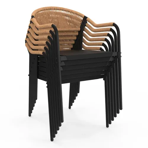 Salon De Jardin Madeira Table 150 Cm Et 6 Chaises Cordage Et Textilène Noir Et Rotin Clair