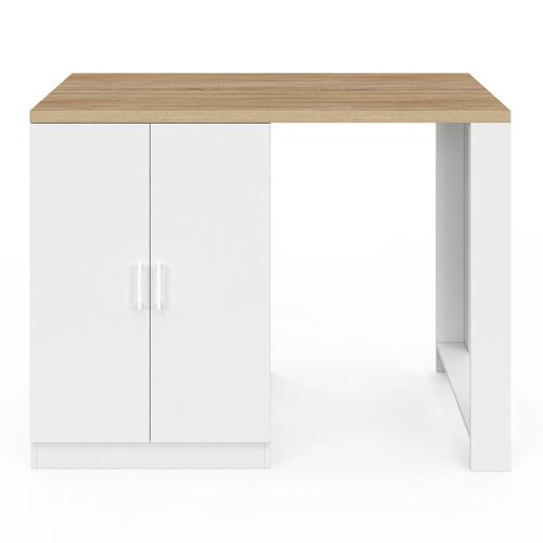Ilot Central Lino 120 Cm 2 Personnes Bois Blanc Et Plan De Travail Façon Hêtre Et Portes Vitrées