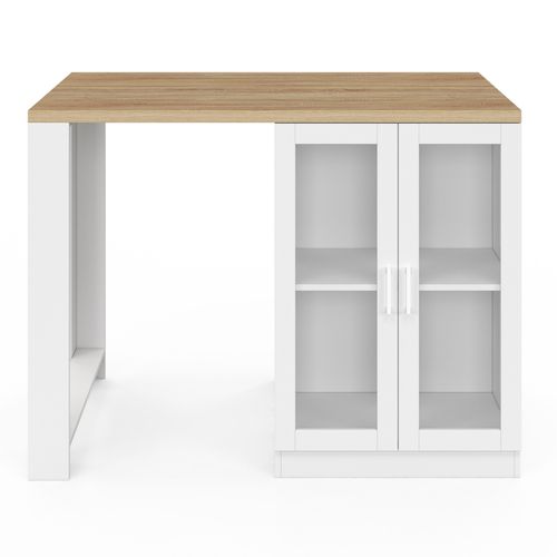Ilot Central Lino 120 Cm 2 Personnes Bois Blanc Et Plan De Travail Façon Hêtre Et Portes Vitrées