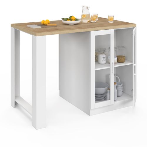 Ilot Central Lino 120 Cm 2 Personnes Bois Blanc Et Plan De Travail Façon Hêtre Et Portes Vitrées