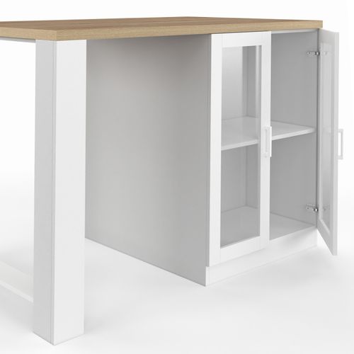 Ilot Central Lino 120 Cm 2 Personnes Bois Blanc Et Plan De Travail Façon Hêtre Et Portes Vitrées